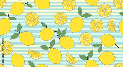 Lemon pattern with whole and sliced lemons on a striped background.