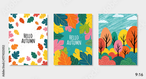 Three autumn-themed cards with colorful leaves and trees, featuring the text "Hello Autumn".