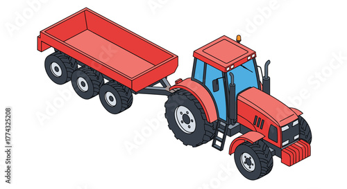 Isometric tractor and trailer illustrate farming, agriculture, and transportation of crops or materials.