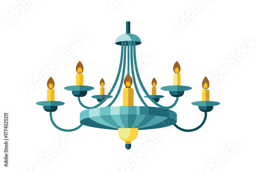 Elegant antique brass chandelier with five lit candle shaped bulbs isolated on white background