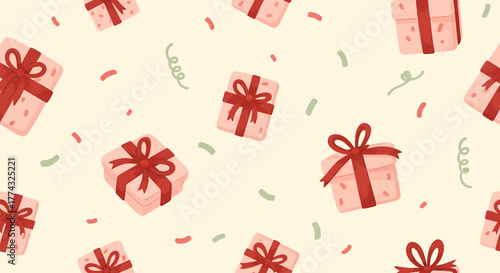 A charming illustration of pink gift boxes with red ribbons scattered across a pale yellow background with confetti.