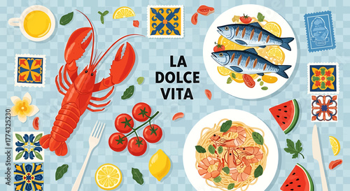 An overhead shot of an Italian food arrangement with lobster, fish, pasta, and various ingredients.