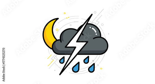 A cartoon illustration of a stormy night featuring a crescent moon, a dark cloud, a lightning bolt, and falling raindrops.