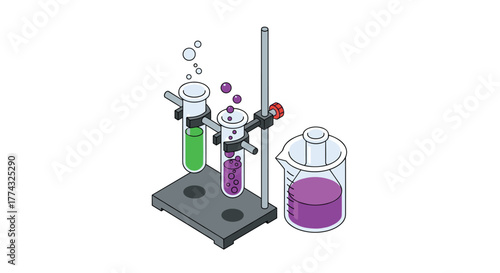 Isometric Illustration of Two Test Tubes with Bubbling Green and Purple Liquid in a Lab Stand with Beaker Filled with Purple Liquid.