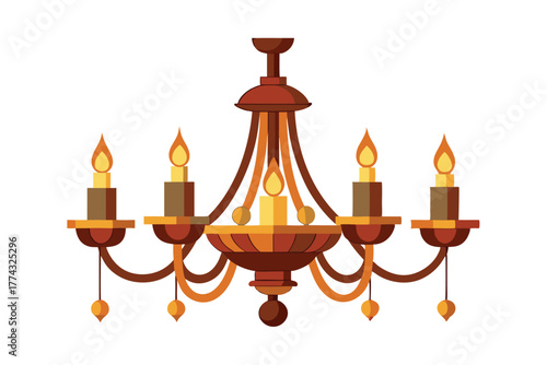 Elegant teal chandelier with lit candles hanging from the ceiling isolated on white background