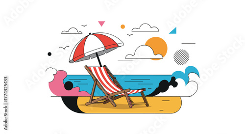 A colorful and modern beach illustration with a striped beach chair, umbrella, sun, clouds, and ocean waves, evoking a sense of relaxation.