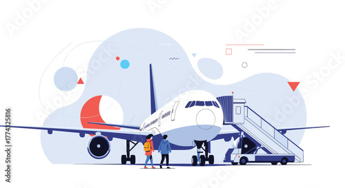 An illustration of an airplane on the ground with passengers getting on or off via stairs, depicting modern air travel.