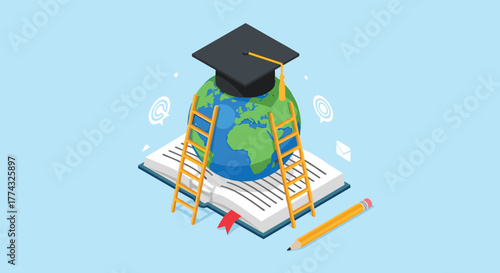 Isometric education illustration featuring a book, globe with graduation cap, ladders, and pencil, on a light blue background.