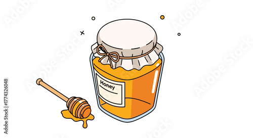 A jar of honey is placed next to a honey dipper, creating a sweet and charming composition perfect for a variety of design projects.