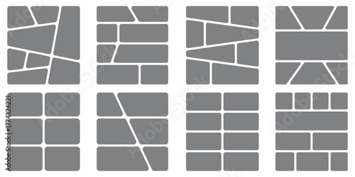 Image collage layout set. Black mosaic mood board grid collection. Vector 6-7 picture slot composition arrangement. Photo album template or memory wall idea for banner, poster, mockup, flyer, brochure