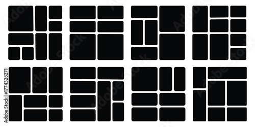 Image collage layout set. Black mosaic mood board grid collection. Vector 6-7 picture slot composition arrangement. Photo album template or memory wall idea for banner, poster, mockup, flyer, brochure