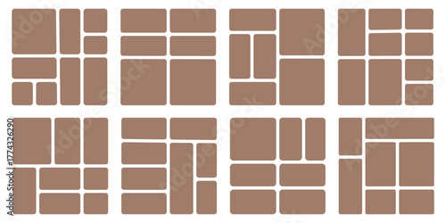 Image collage layout set. Black mosaic mood board grid collection. Vector 6-7 picture slot composition arrangement. Photo album template or memory wall idea for banner, poster, mockup, flyer, brochure