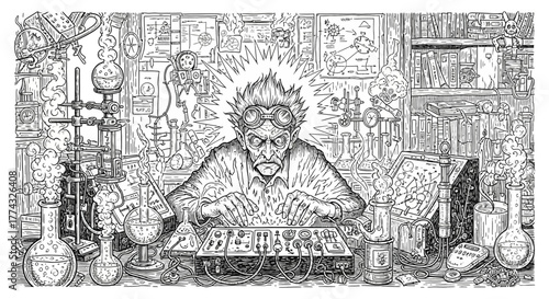 Mad scientist in chaotic laboratory experimenting with wild electricity and bubbling flasks, sparks flying with intense focus
