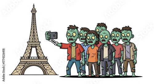 Humorous zombie horde captures unforgettable Eiffel Tower selfie in Paris, creating a quirky travel memory