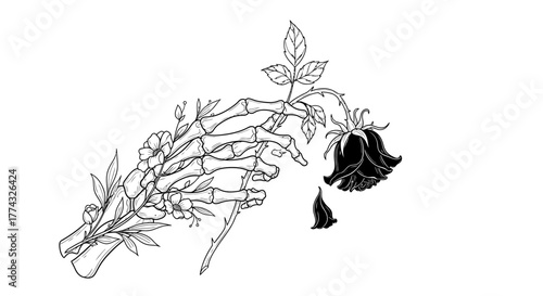 Ethereal skeleton hand gently holds wilting black rose amidst delicate wildflowers, conveying themes of mortality, beauty, and transient love.