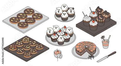 Delightful Halloween treats including festive cupcakes, spooky cookies, and a cobweb cake perfect for parties and celebrations.