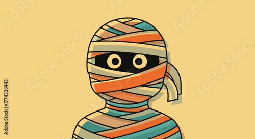 Spooky cartoon mummy character with big eyes peeking from bandages, perfect for Halloween and horror themes
