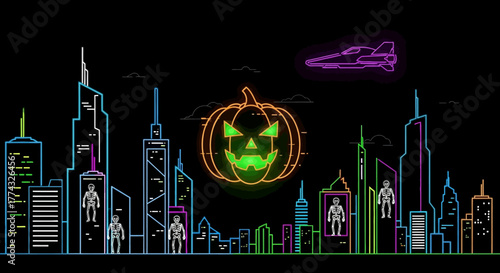 Spooky neon cityscape with giant glowing pumpkin, flying spaceship, and skeleton figures creates a vibrant, modern Halloween atmosphere