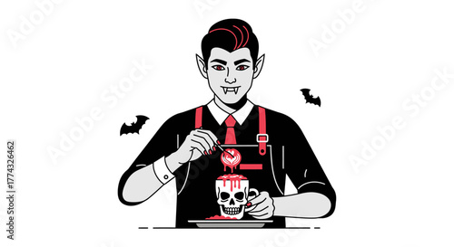 Spooky vampire barista crafting a bloody latte art in a skull mug for Halloween night, with bats flying