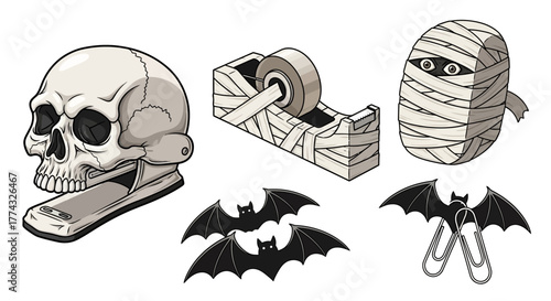 Spooky office supplies scare up creative projects with this fun Halloween-themed set featuring a skull stapler, mummy tape dispenser, and bat paper clips.