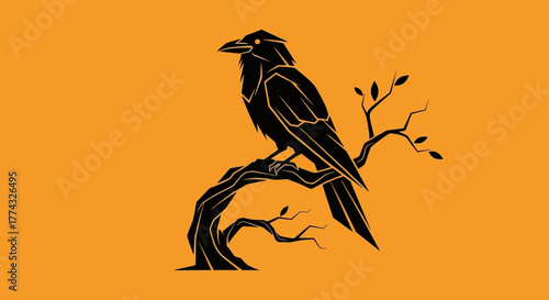 Mysterious black raven perched on a bare tree branch against a vibrant orange background, evoking a sense of autumn or Halloween.