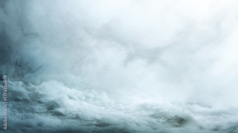 Fototapeta premium Textured frosty ice and snow at the bottom, blending into a hazy, light blue and white abstract atmosphere or sky above, conveying a cold, wintery, ethereal mood, blurred white background