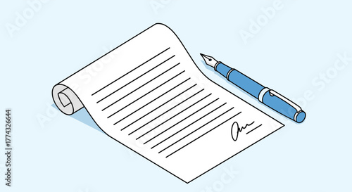 Isometric illustration of a signed contract or agreement document with lines and a blue fountain pen, symbolizing business and legal commitments.