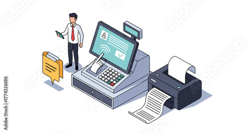 Isometric illustration depicting a modern point-of-sale system with a cashier, touchscreen terminal, receipt printer, and a speech bubble.