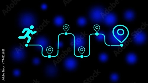 Cyan runner icon on a route with location pins against a dark blue bokeh background running person