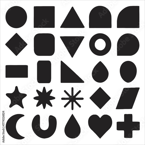Geometric Black Shape Silhouettes and Abstract Icon Set Vector