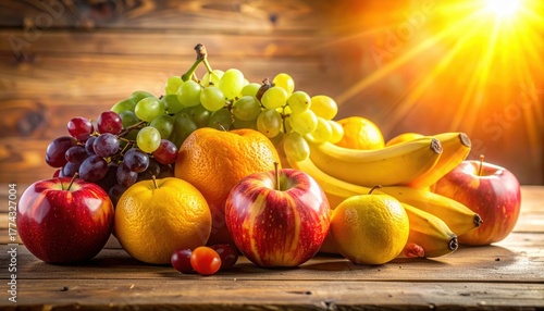 Assorted Fresh Fruits Including Bananas Grapes Apples and Oranges on Wooden Table with Sunlight