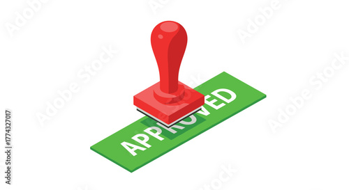 A red approval rubber stamp is pressed on a green surface with the white letters spelling 'APPROVED' in an isometric point of view.