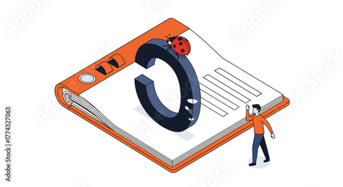 Debugging concept: A stylized open binder with an uppercase letter C, a ladybug, and a person figure for solving issues.