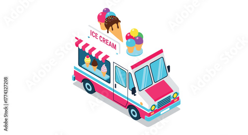 Isometric ice cream truck vector graphic, a fun illustration of a classic food truck with a retro design and colorful ice cream.