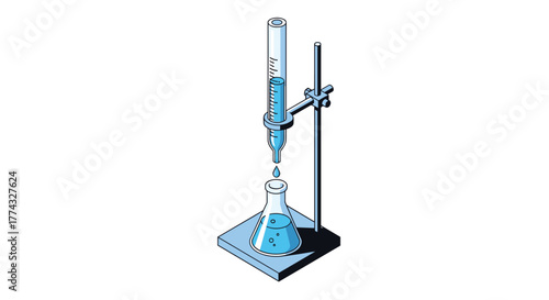 Illustration of laboratory glassware with graduated burette dripping into a Erlenmeyer flask filled with liquid, used for a chemical titration.