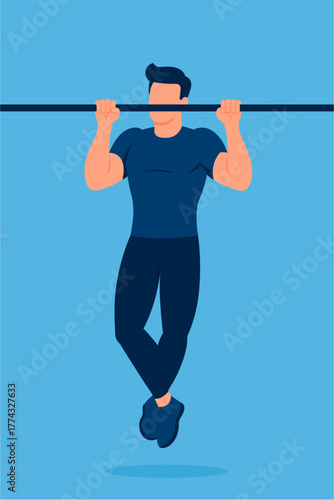 Fit Man Doing Pull-Up Exercise – Flat Vector Illustration