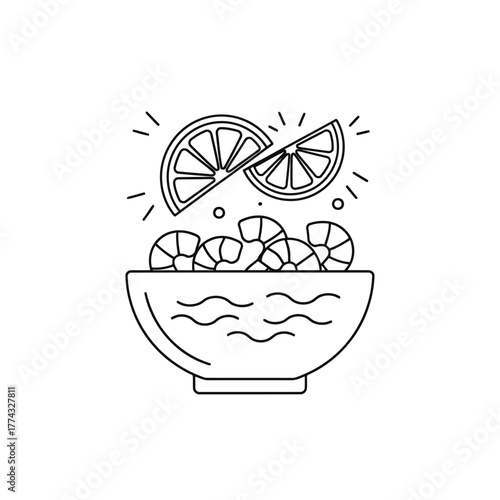 Vector illustration of bowl of shrimp with lemon slices icon