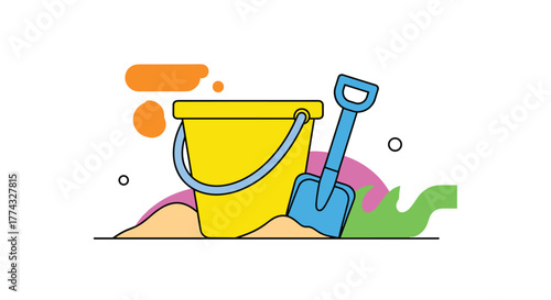 A cheerful illustration depicts a yellow bucket with a blue handle and a blue shovel on a sandy beach with whimsical abstract shapes.