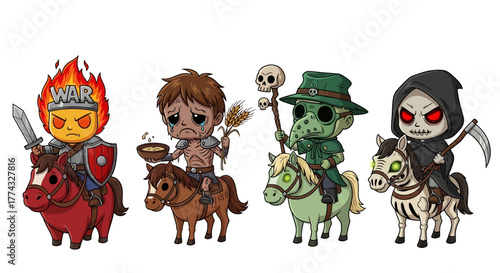Four Horsemen of the Apocalypse depicted as cute cartoon characters with War, Famine, Pestilence, and Death ready to ride