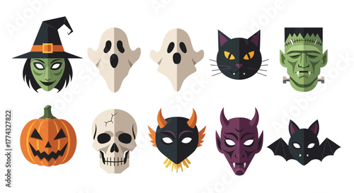 Spooky Halloween icons featuring witch, ghost, pumpkin, skull, black cat, Frankenstein, demon, and bat perfect for festive designs