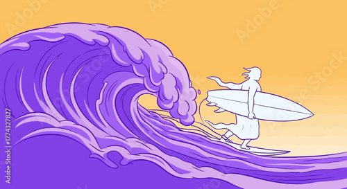 Dynamic surfer catches epic purple wave under golden sky, embracing the thrill of ocean adventure and extreme sports lifestyle