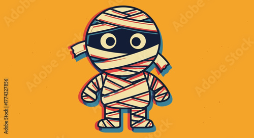 Whimsical cartoon mummy character with retro pop art effect and vibrant orange background perfect for Halloween.