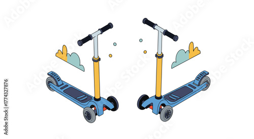 Isometric view of two blue scooters with yellow handles and a blue and yellow cloud on each side creates a playful and child-friendly composition.