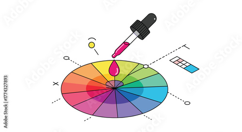 An illustration of a color wheel with a dropper adding color to demonstrate color theory and design concepts for creativity or color matching.