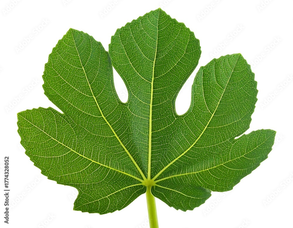 Fototapeta premium A vibrant green fig leaf is centrally isolated against a plain white background