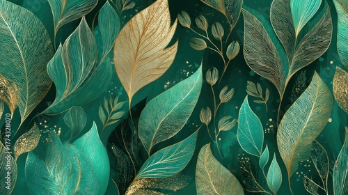 A vibrant green and gold abstract floral pattern with intricate details and a dark green background.