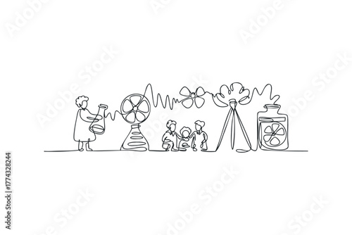 Simple line drawing of a scientist observing scientific experiment