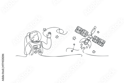 Astronaut waving with satellite in starry cosmos