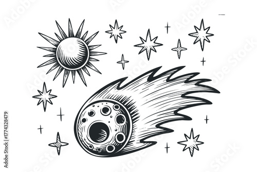 Sketch of sun and comet with stars