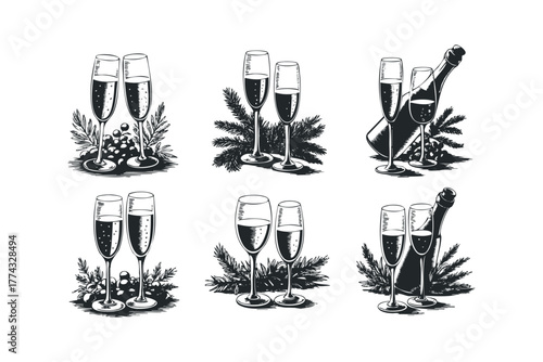Set of champagne glasses and bottle with festive decorations